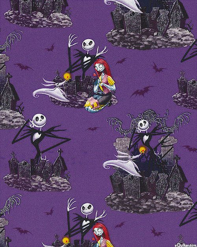 Nightmare Before Christmas JACK SKELLINGTON & SALLY GRAVEYARD DATE Purple Large Print Fabric Unisex Medical Surgical Scrub Caps Men & Women Tie Back and Bouffant Hat Styles