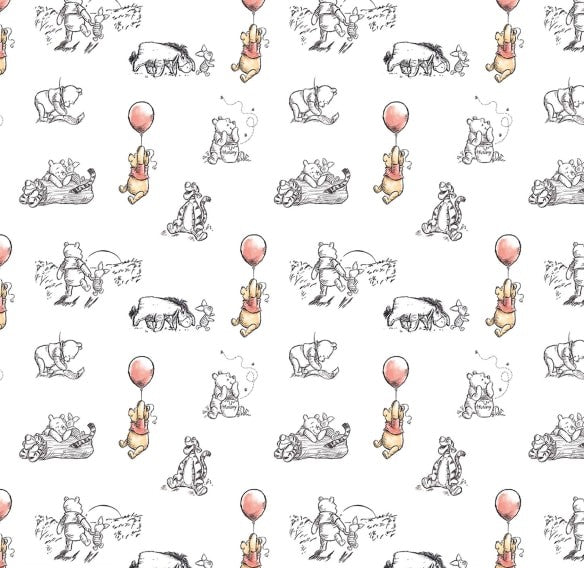 Winnie the Pooh Characters Sketch White Fabric Nurse Medical Scrub Top Unisex Style for Men & Women