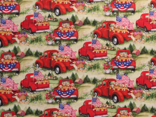Patriotic Puppies in Red Truck USA Flag Fabric Unisex Medical Surgical Scrub Caps Men & Women Tie Back and Bouffant Hat Styles
