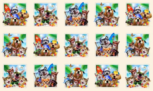 Animals Dogs & Cats Selfie Fun Beach Vacation Framed on tan Fabric Unisex Medical Surgical Scrub Caps Men & Women Tie Back and Bouffant Hat Styles