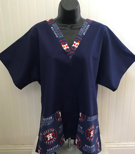 Solid Navy Scrub Top with Houston Astros Baseball Fabric Medical Scrub Top Unisex Style Shirt for Men & Women