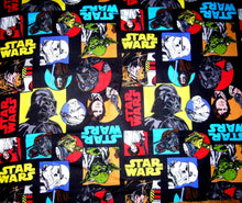 Load image into Gallery viewer, Solid Black Scrub Top with Star Wars Characters Black Fabric on *Neck Band &amp; Pocket Options* Medical Scrub Top Unisex Style Shirt for Men &amp; Women
