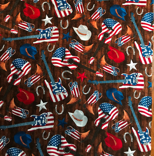 Patriotic American USA Country Guitars Cowboy Hats Boots Fabric Nurse Medical Scrub Top Unisex Style for Men & Women