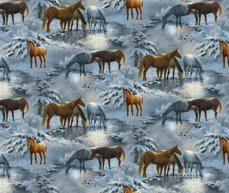 Wild Horses in the Snow at Stream Large Print Fabric Nurse Medical Scrub Top Unisex Style Shirt for Men & Women