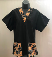 Load image into Gallery viewer, Solid Black Scrub Top with Anaheim Ducks Hockey Fabric on *Neck Band &amp; Pocket Options* Medical Scrub Top Unisex Style Shirt for Men &amp; Women
