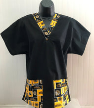 Load image into Gallery viewer, Solid Black Scrub Top Hockey Boston Bruins Fabric on *Neck Band &amp; Pocket Options* Medical Scrub Top Unisex Men Scrub Top Women Scrub Top
