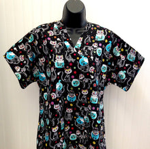 Load image into Gallery viewer, Day of the Dead Medical Scrub Top Cats Candy Skull Skeletons Unisex Style Scrub Shirt for Men &amp; Women
