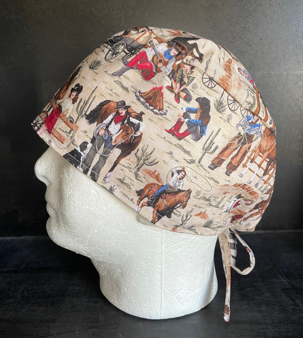 Country Western Cowgirls Fabric Unisex Medical Surgical Scrub Caps Men & Women Tie Back and Bouffant Hat Styles