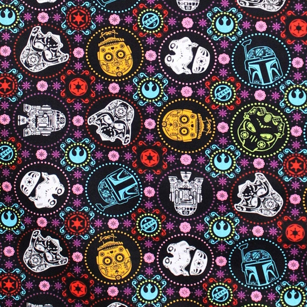 Solid Black Scrub Top with Star Wars Sugar Skull Characters Black Fabric on *Neck Band & Pocket Options* Medical Scrub Top Unisex Style Shirt for Men & Women