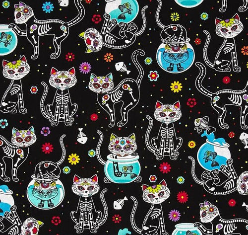 Animals Bright Day of the Dead Cats Candy Skull Skeletons on Black Fabric Stethoscope sock cover for Medical Professionals