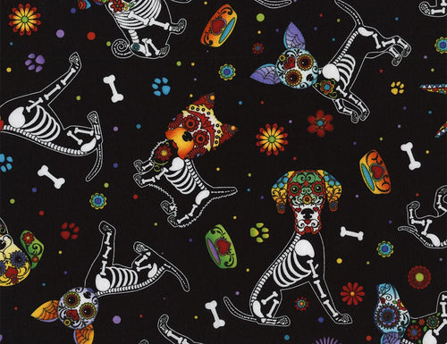 Animals Bright Day of the Dead Dogs Candy Skull Skeletons on Black Fabric Stethoscope sock cover for Medical Professionals