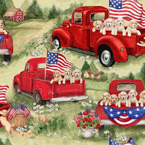 Animals Cute USA American Flag Patriotic Holiday Puppy Dogs in Red Truck Fabric Unisex Medical Surgical Scrub Caps Men & Women Tie Back and Bouffant Hat Styles