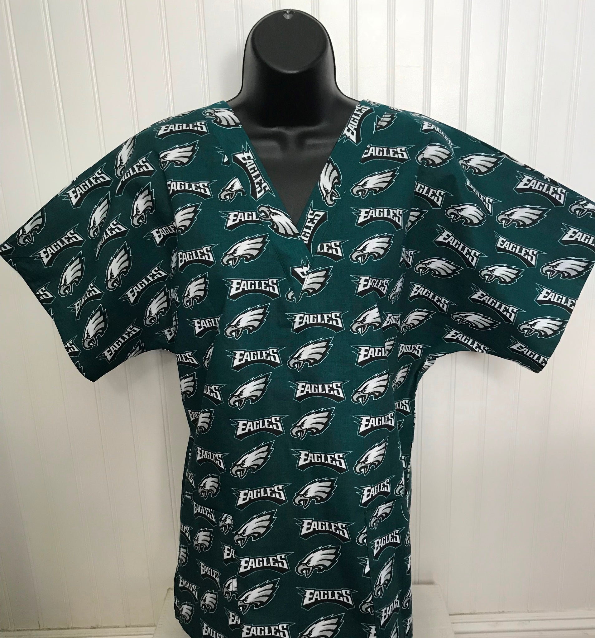 Solid Black Scrub Top with Eagles Football Fabric on *Neck Band & Pocket  Options* Medical Scrub Top Unisex Style Shirt for Men & Women