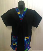 Load image into Gallery viewer, Solid Black Scrub Top with Inside Out Emotions Fabric on *Neck Band &amp; Pocket Options* Medical Scrub Top Unisex Style Shirt for Men &amp; Women
