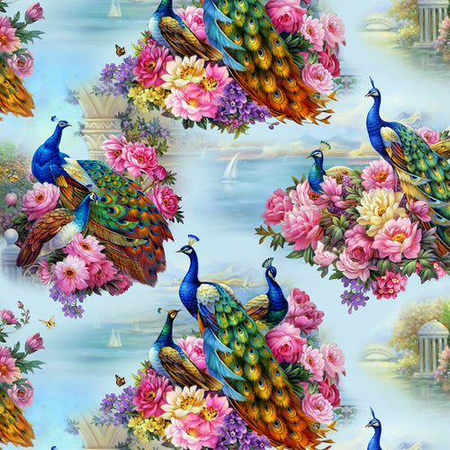 Beautiful Peacock with Flowers Large Print Blue Fabric Unisex Medical Surgical Scrub Caps Men & Women Tie Back and Bouffant Hat Styles