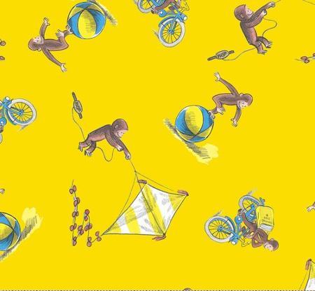 Curious George Monkey Flying a Kite, Riding a Bike, Ball Fun Yellow Fabric Nurse Medical Scrub Top Unisex Style for Men & Women