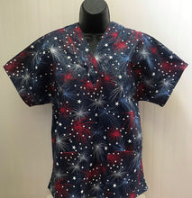 Load image into Gallery viewer, Patriotic Medical Scrub Top Fireworks Red White Blue Glitter Shimmer Unisex Style for Men &amp; Women
