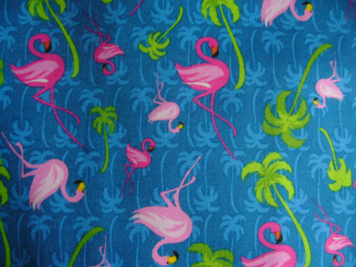 Pink Flamingo & Palm Trees Blue Fabric Medical Surgical Scrub Caps Men & Women Tie Back and Bouffant Hat Styles
