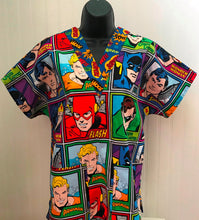 Load image into Gallery viewer, Size Small Justice League 2 Tone Fabric Pow Zap Snap Blue VNeck &amp; Backing Fabric Medical Scrub Top Unisex Style Shirt for Men &amp; Women *IN STOCK *READY TO SHIP
