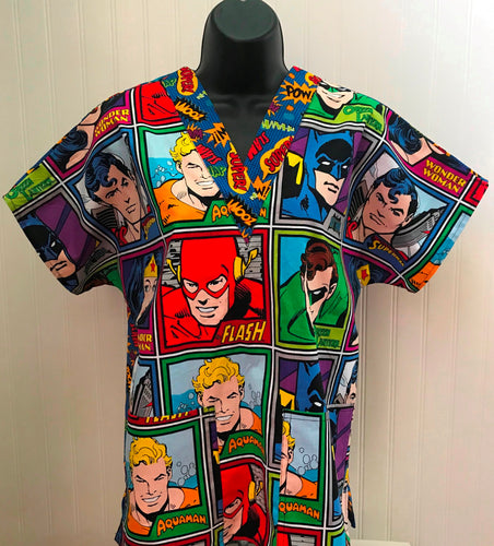 Size Small Justice League 2 Tone Fabric Pow Zap Snap Blue VNeck & Backing Fabric Medical Scrub Top Unisex Style Shirt for Men & Women *IN STOCK *READY TO SHIP