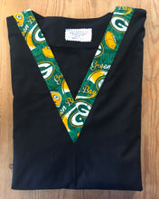 Load image into Gallery viewer, Solid Black Scrub Top with Green Bay Packers Pennants Football Fabric on *Neck Band &amp; Pocket Options* Medical Scrub Top Unisex Style Shirt for Men &amp; Women
