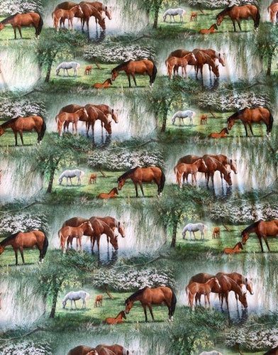 Beautiful Horses & Foal in Nature Grazing Large Print Fabric Unisex Medical Surgical Scrub Caps Men & Women Tie Back and Bouffant Hat Styles