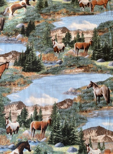 Beautiful Horses Roaming Wild Pasture Lake Fabric Unisex Medical Surgical Scrub Caps Men & Women Tie Back and Bouffant Hat Styles