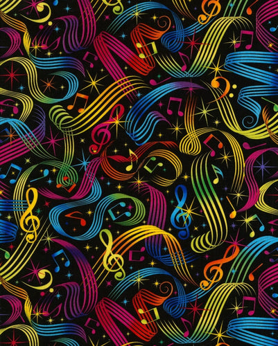 Rainbow Musical Notes on Black Fabric Unisex Medical Surgical Scrub Caps Men & Women Tie Back and Bouffant Hat Styles