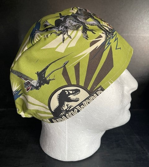 Jurassic World Movie Prehistoric Dinosaurs Green Fabric Unisex Medical Surgical Scrub Caps Men & Women Tie Back and Bouffant Hat Styles