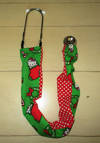 Christmas Holiday White Kitty Green Red 2 sided Fabric Stethoscope sock cover for Medical Professionals