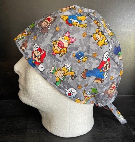 Video Game Medical Scrub Hats Nintendo Super Mario Characters Unisex Men & Women Tie Back and Bouffant Hat Styles