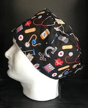 Load image into Gallery viewer, Medical Theme Nurse Supplies X-ray Band aid RX Fabric Unisex Medical Surgical Scrub Caps Men &amp; Women Tie Back Bouffant Hat Styles
