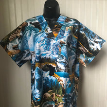 Load image into Gallery viewer, Nature Medical Scrub Top Mysterious Mountains in Nature, Can you find all the Animals? Unisex Style for Men &amp; Women
