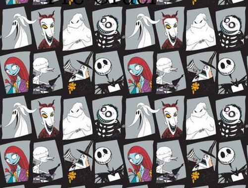NBC Nightmare Before Christmas Stone Faced Squares Characters Fabric Unisex Medical Surgical Scrub Caps Men & Women Tie Back and Bouffant Hat Styles