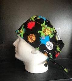 TMNT Teenage Mutant Ninja Turtles Black Fabric Unisex Medical Surgical Scrub Caps Men & Women Tie Back and Bouffant Hat Styles