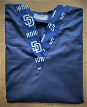 Load image into Gallery viewer, Solid Navy Scrub Top with San Diego Padres Baseball Fabric on *Neck Band &amp; Pocket Options* Medical Scrub Top Unisex Style Shirt for Men &amp; Women
