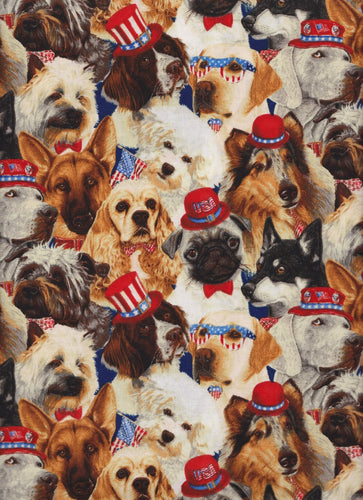 Animals USA Patriotic Holiday Puppy Dogs Packed Fabric Unisex Medical Surgical Scrub Caps Men & Women Tie Back and Bouffant Hat Styles