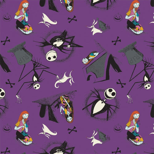 NBC Nightmare Before Christmas Characters Tombstones Jack Skellington & Sally Purple Fabric Unisex Medical Surgical Scrub Caps Men & Women Tie Back and Bouffant Hat Styles