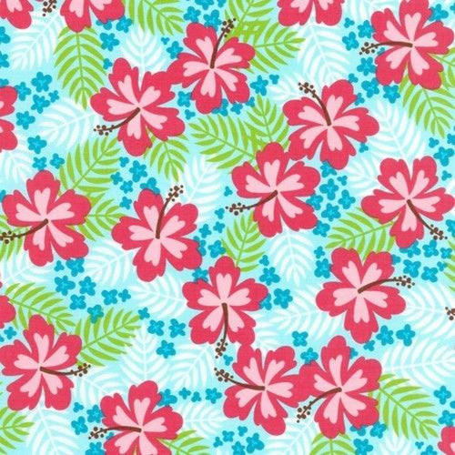 Hawaiian Tropical Hibiscus Flower Pink Blue White Fabric Nurse Medical Scrub Top Unisex Style for Men & Women