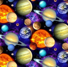 Load image into Gallery viewer, Outer Space Galaxy Solar System Planets Moon Packed &amp; Stars Fabric Unisex Medical Surgical Scrub Caps Men &amp; Women Tie Back and Bouffant Hat Styles
