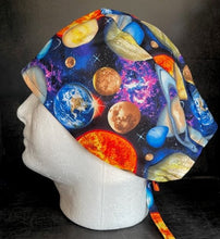 Load image into Gallery viewer, Outer Space Galaxy Solar System Planets Moon Packed &amp; Stars Fabric Unisex Medical Surgical Scrub Caps Men &amp; Women Tie Back and Bouffant Hat Styles
