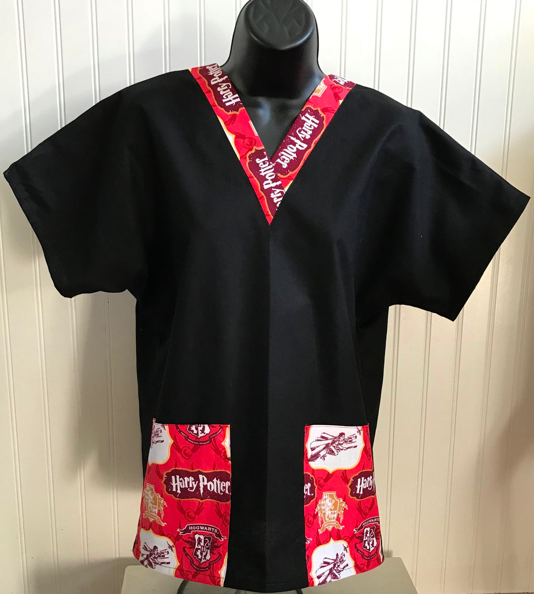 Solid Black Scrub Top with HP Red Fabric on *Neck Band & Pocket Options* Medical Scrub Top Unisex Style Shirt for Men & Women