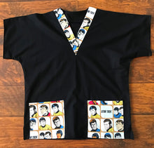 Load image into Gallery viewer, Solid Black Scrub Top with Star Trek Characters Fabric on *Neck Band &amp; Pocket Options* Medical Scrub Top Unisex Style Shirt for Men &amp; Women
