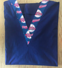 Load image into Gallery viewer, Solid Navy Scrub Top with Minnesota Twins Baseball Fabric on *Neck Band &amp; Pocket Options* Medical Scrub Top Unisex Style Shirt for Men &amp; Women
