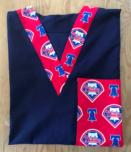 Solid NAVY Scrub Top with Philadelphia Phillies Baseball Fabric on *Neck Band & Pocket Options* Medical Scrub Top Unisex Style Shirt for Men & Women