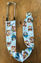 Load image into Gallery viewer, Cat Selfie Beach Vacation on Blue Fabric Stethoscope cover for Medical Professionals
