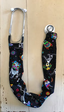 Load image into Gallery viewer, Day of the Dead Dogs Candy Skull Skeletons on Black Fabric Stethoscope cover for Medical Professionals
