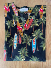 Load image into Gallery viewer, Hawaiian Medical Scrub Top Tropical Palm Trees &amp; Surfboards Navy Unisex Style for Men &amp; Women
