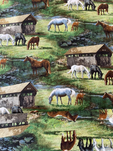 Grazing Horses roaming Sweetwater Barn Fabric Nurse Medical Scrub Top Unisex Style Shirt for Men & Women